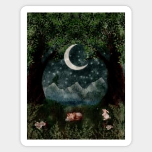 Enchanted Forest Oil Painting Mountains Mushrooms White Rabbit and Sleeping FOx Sticker